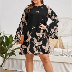 SHEIN Black and Pink Crane Print Long Bell Sleeve Minidress 22